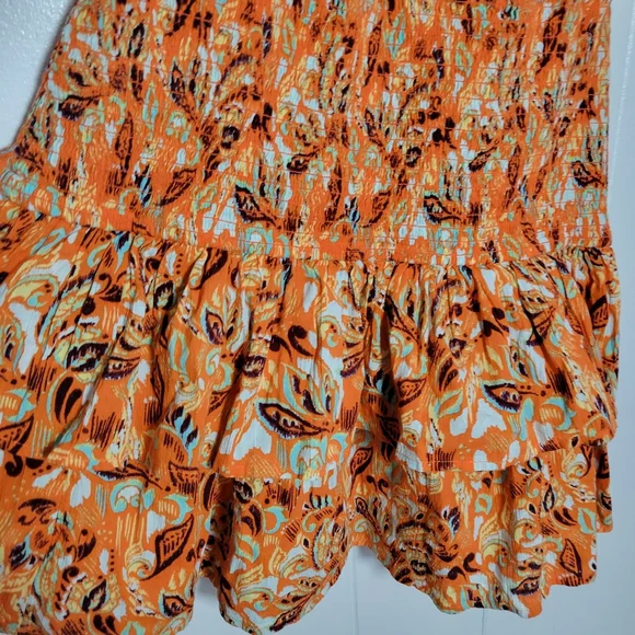 NWT Aerie Smocked Waist Mini Dress Orange Floral Tiered Ruffle Hem 100% Cotton M - Picture 11 of 16